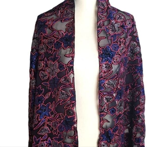 Weixinfushi Black Silk Embroidered Velvet Sequined Floral Fringe Shawl Scarf NWT - Picture 4 of 7